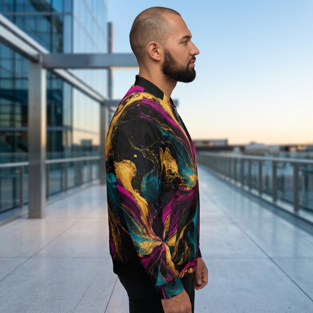 Model wearing the Chromatic Vortex all-over print bomber jacket zipped up