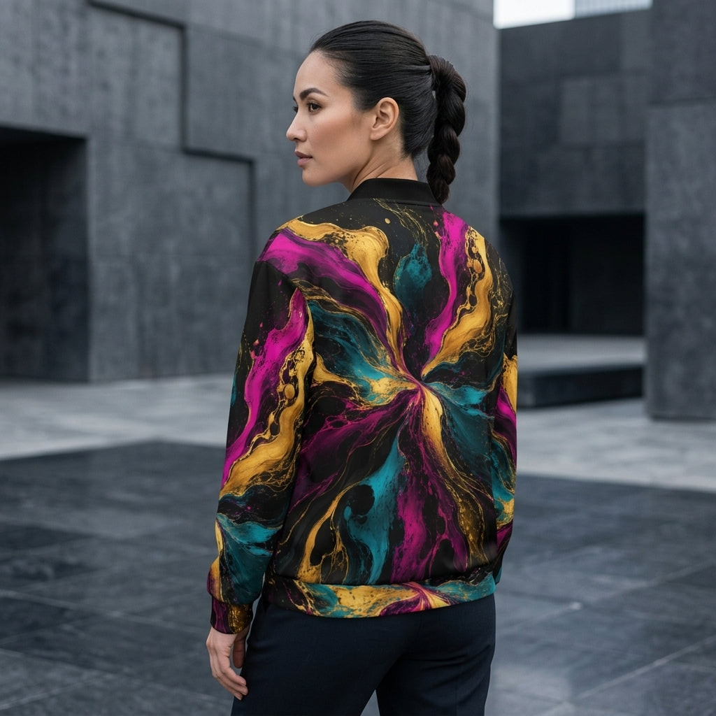 Model wearing the Chromatic Vortex bomber jacket zipped up – magenta, turquoise and golden-yellow swirl print