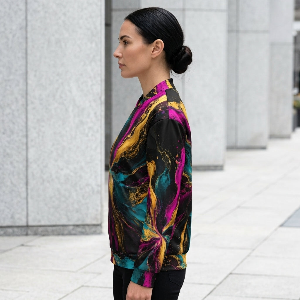 Model wearing the Chromatic Vortex bomber jacket zipped up, magenta and turquoise print