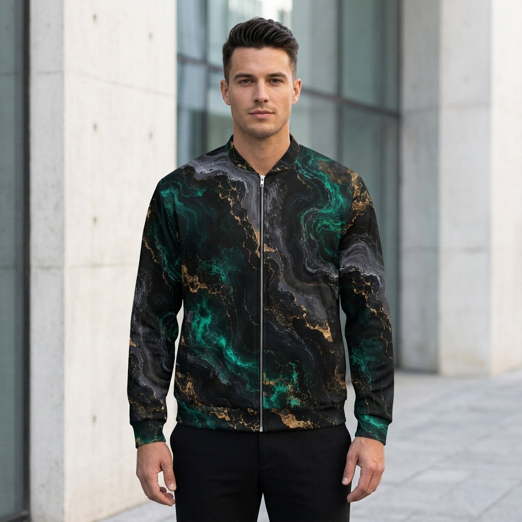 Model wearing the Emerald Obsidian bomber jacket zipped up, black and emerald print