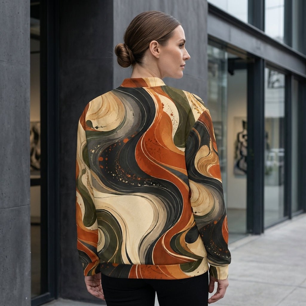 Model wearing the Terra Flux bomber jacket zipped up, burnt orange and olive print