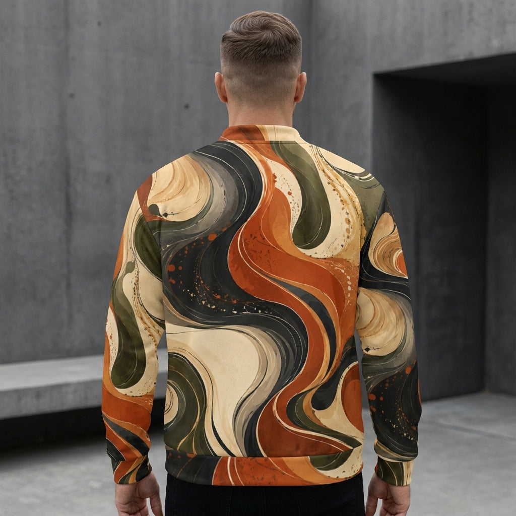 Model wearing the Terra Flux all-over print bomber jacket zipped up
