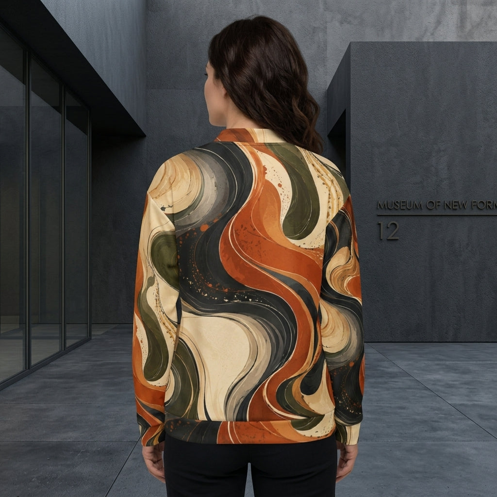 Model wearing the Terra Flux all-over print bomber jacket zipped up