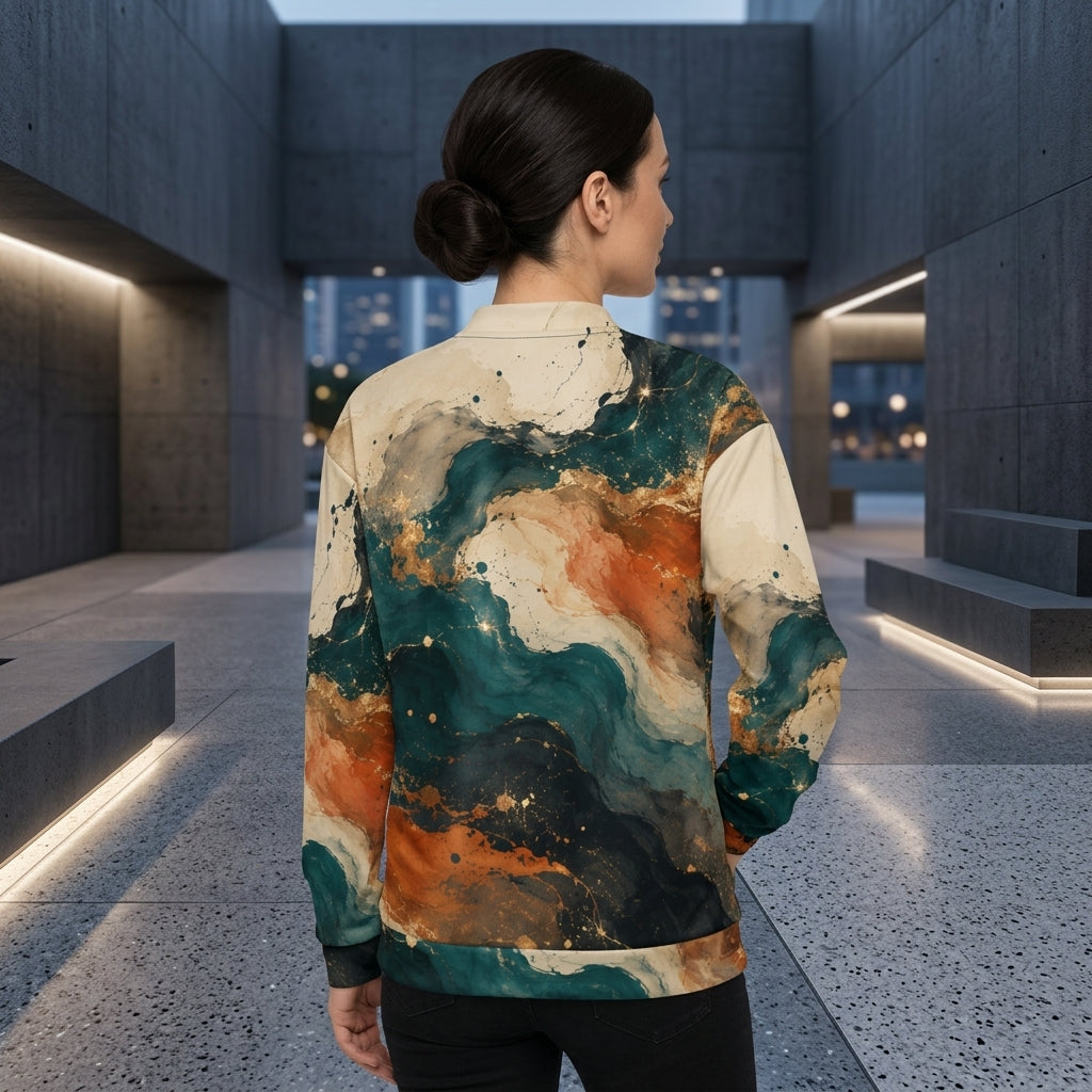 Model wearing the Ember Tide all-over print bomber jacket zipped up