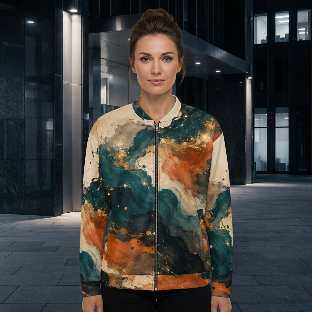 Model wearing the Ember Tide bomber jacket zipped up – teal, burnt orange and cream abstract print