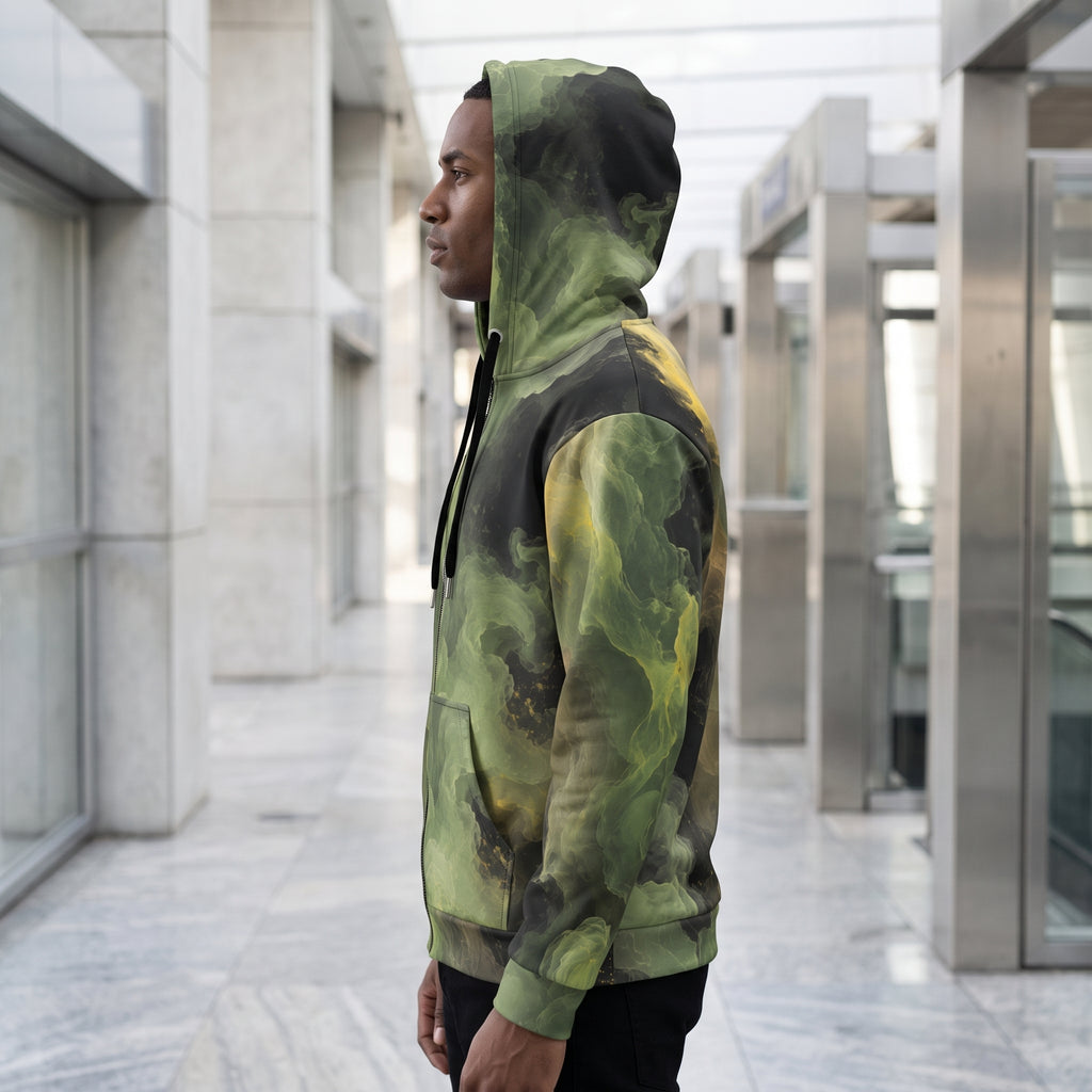 Model wearing the Verdant Shadow all-over print zip hoodie zipped up
