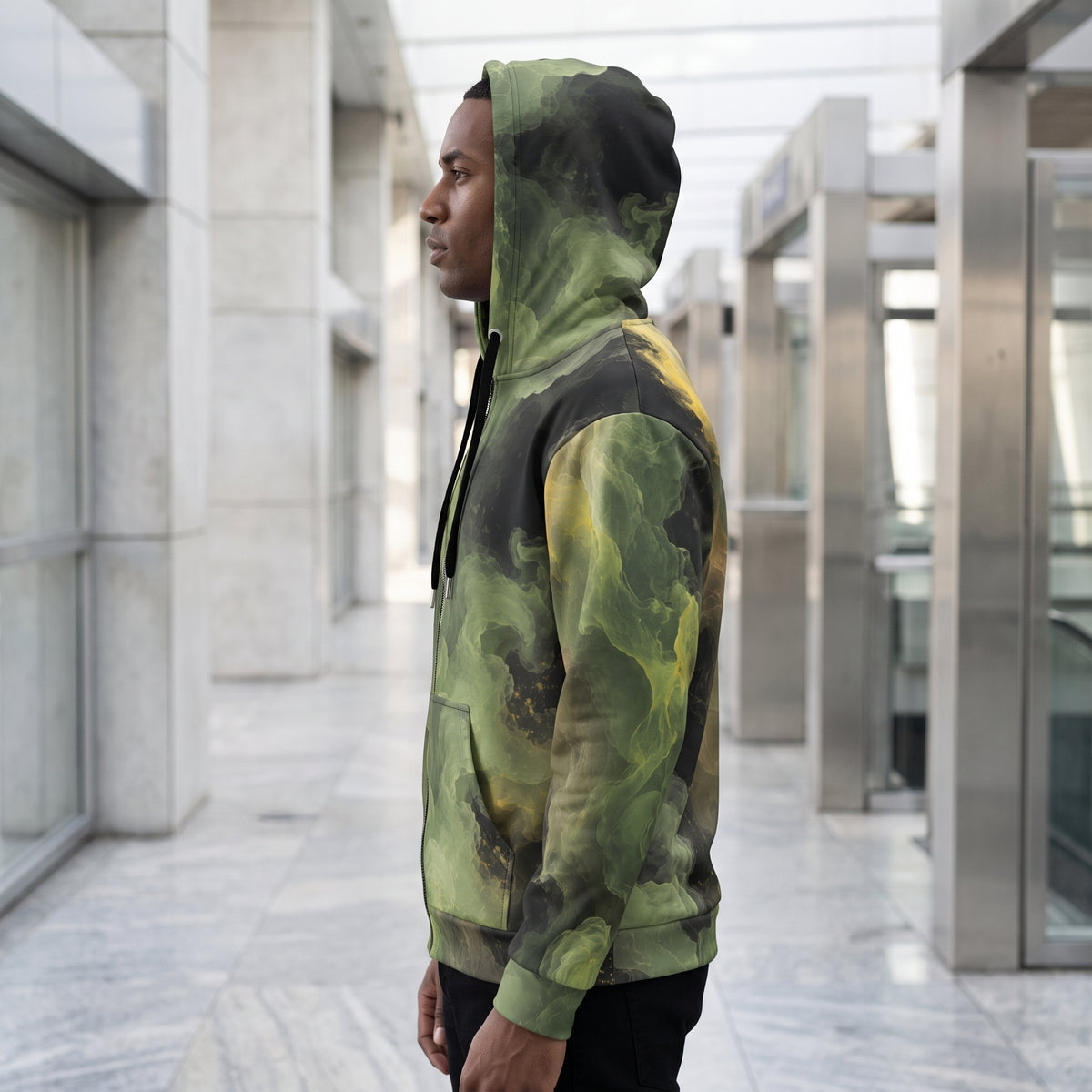 Model wearing the Verdant Shadow all-over print zip hoodie zipped up