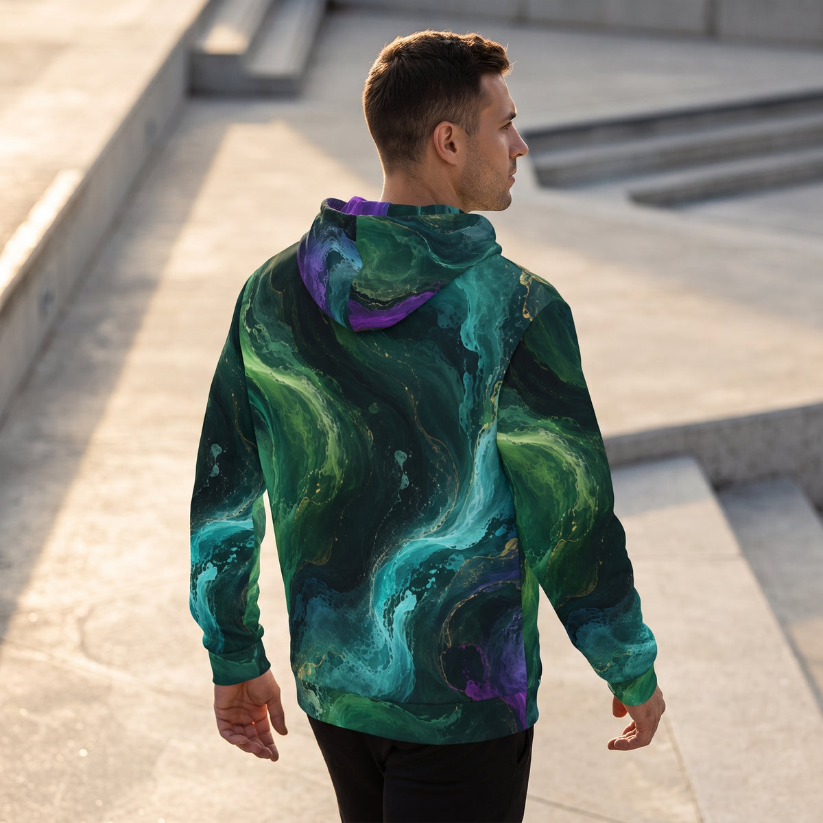 Model wearing the Emerald Tides all-over print zip hoodie zipped up