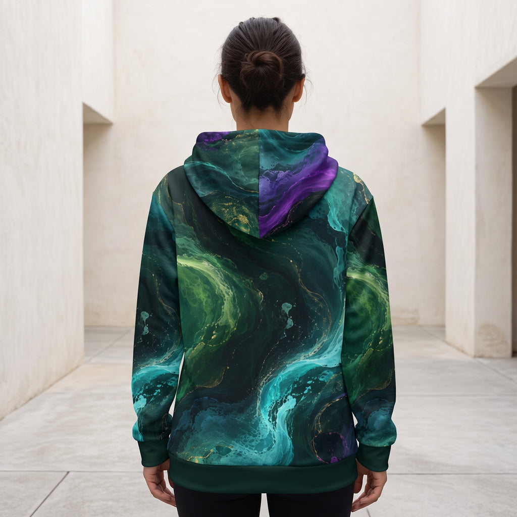 Model wearing the Emerald Tides all-over print zip hoodie zipped up