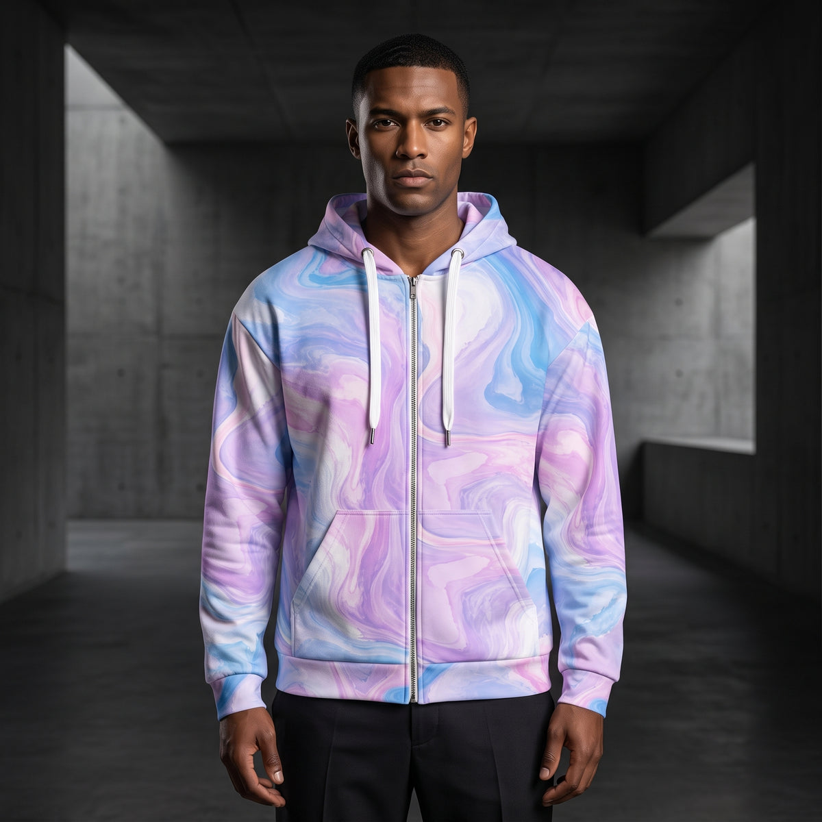 Model wearing the Pastel Mirage all-over print zip hoodie zipped up