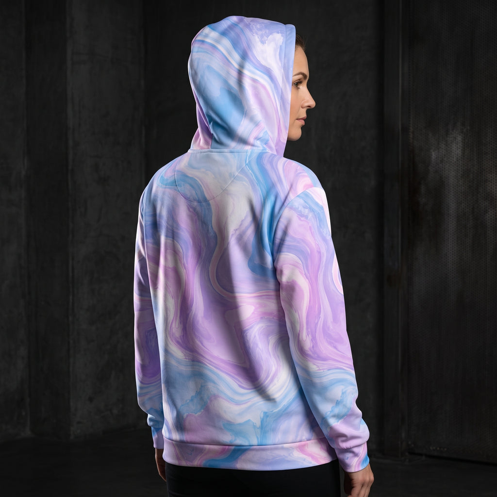 Model wearing the Pastel Mirage all-over print zip hoodie zipped up