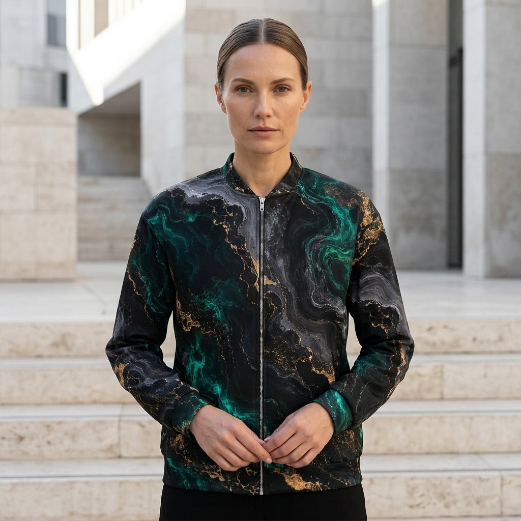 Model wearing the Emerald Obsidian bomber jacket – black, emerald and gold marble print