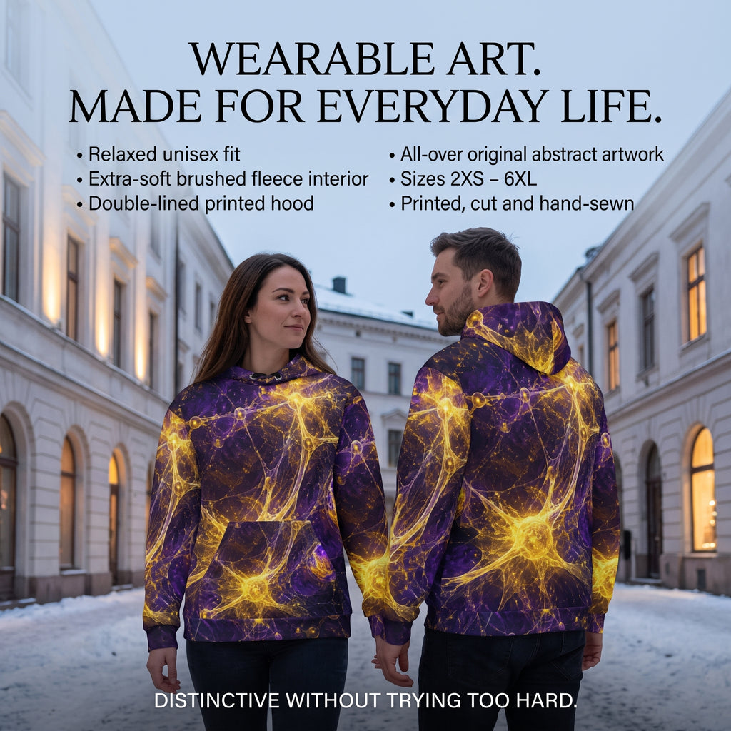 A promotional graphic for a wearable art hoodie featuring a purple and yellow abstract cosmic design. The image shows a man and a woman modeling the hoodies in an outdoor snowy street setting, with text overlays describing the product features.
