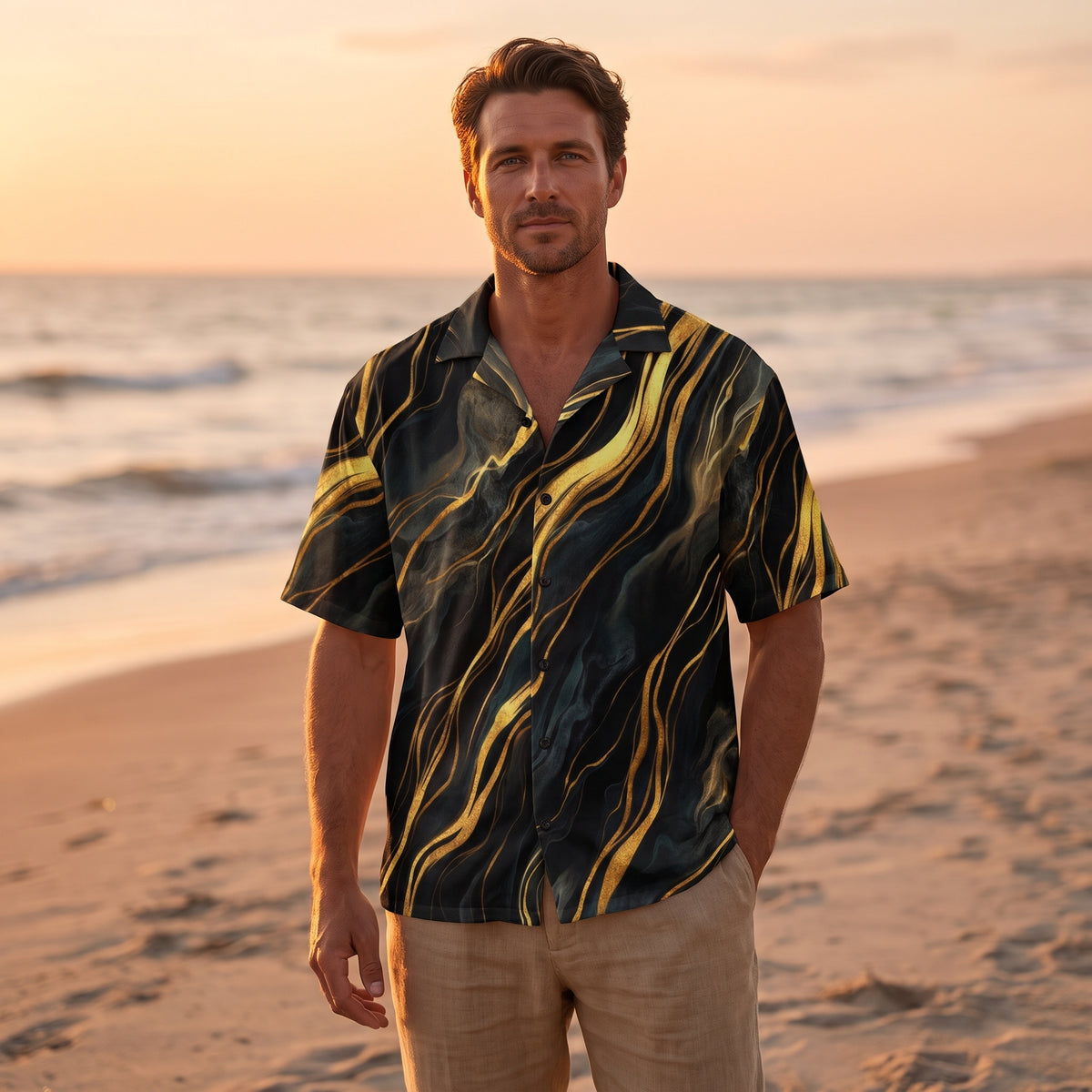 Obsidian Mirage Flow black and gold unisex button-up shirt, hero image