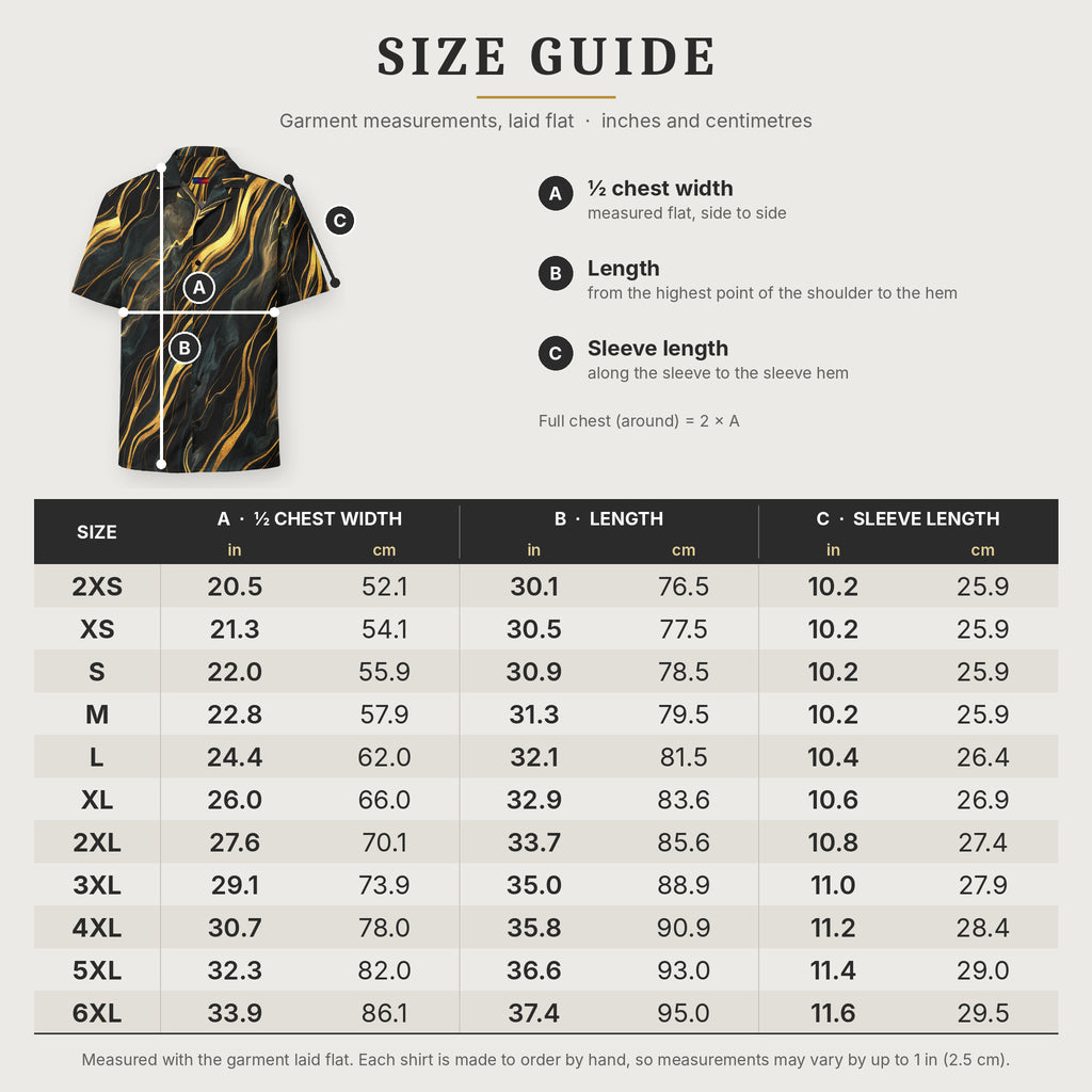 Obsidian Mirage Flow size guide in inches and centimetres, sizes 2XS to 6XL