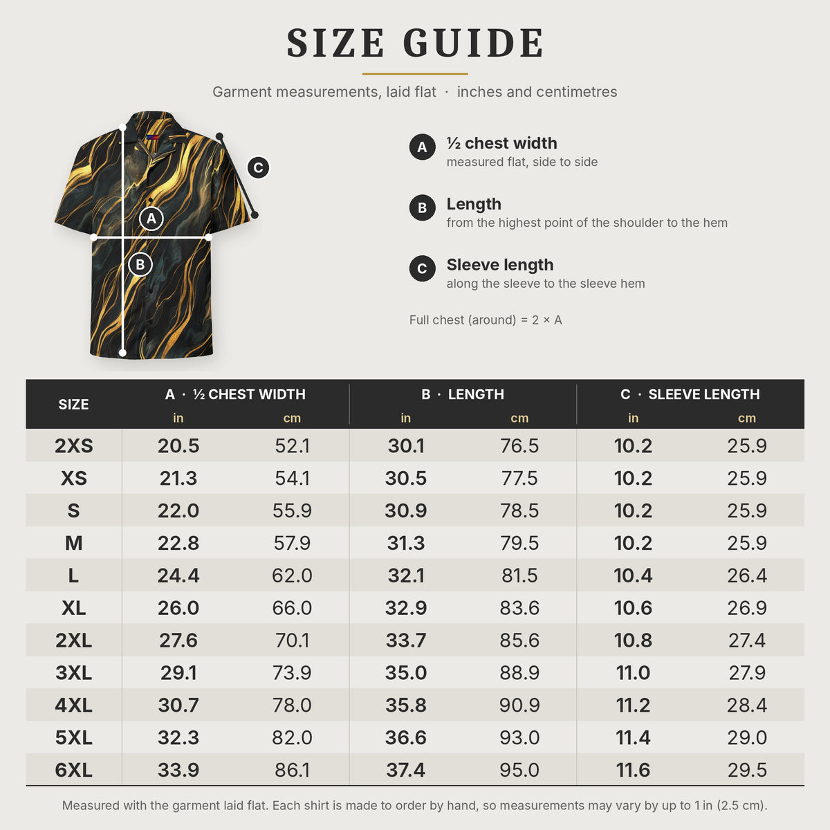 Obsidian Mirage Flow size guide in inches and centimetres, sizes 2XS to 6XL