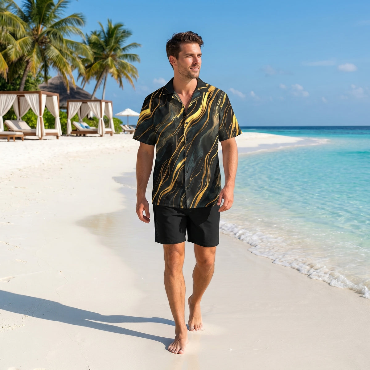 Black and gold marble print shirt worn on a beach walk