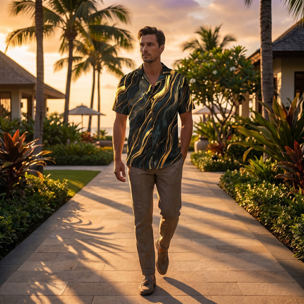 Black and gold button-up shirt worn on a resort walkway
