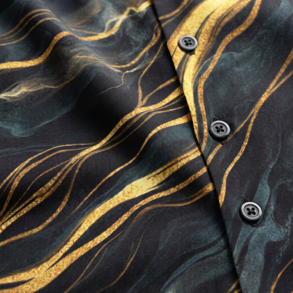 Close-up of the black and gold abstract marble print fabric
