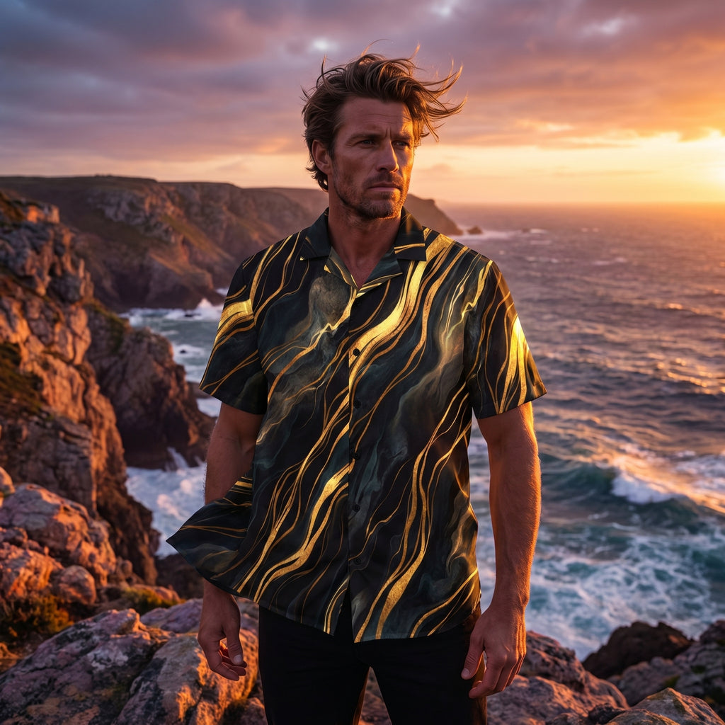 Black and gold marble print shirt worn on a seaside cliff