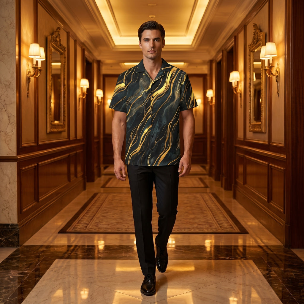 Black and gold button-up shirt worn in a hotel corridor