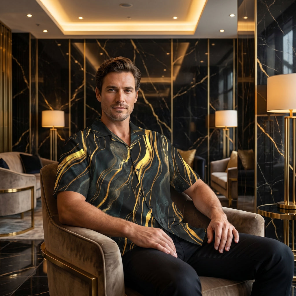 Black and gold button-up shirt worn in a lounge