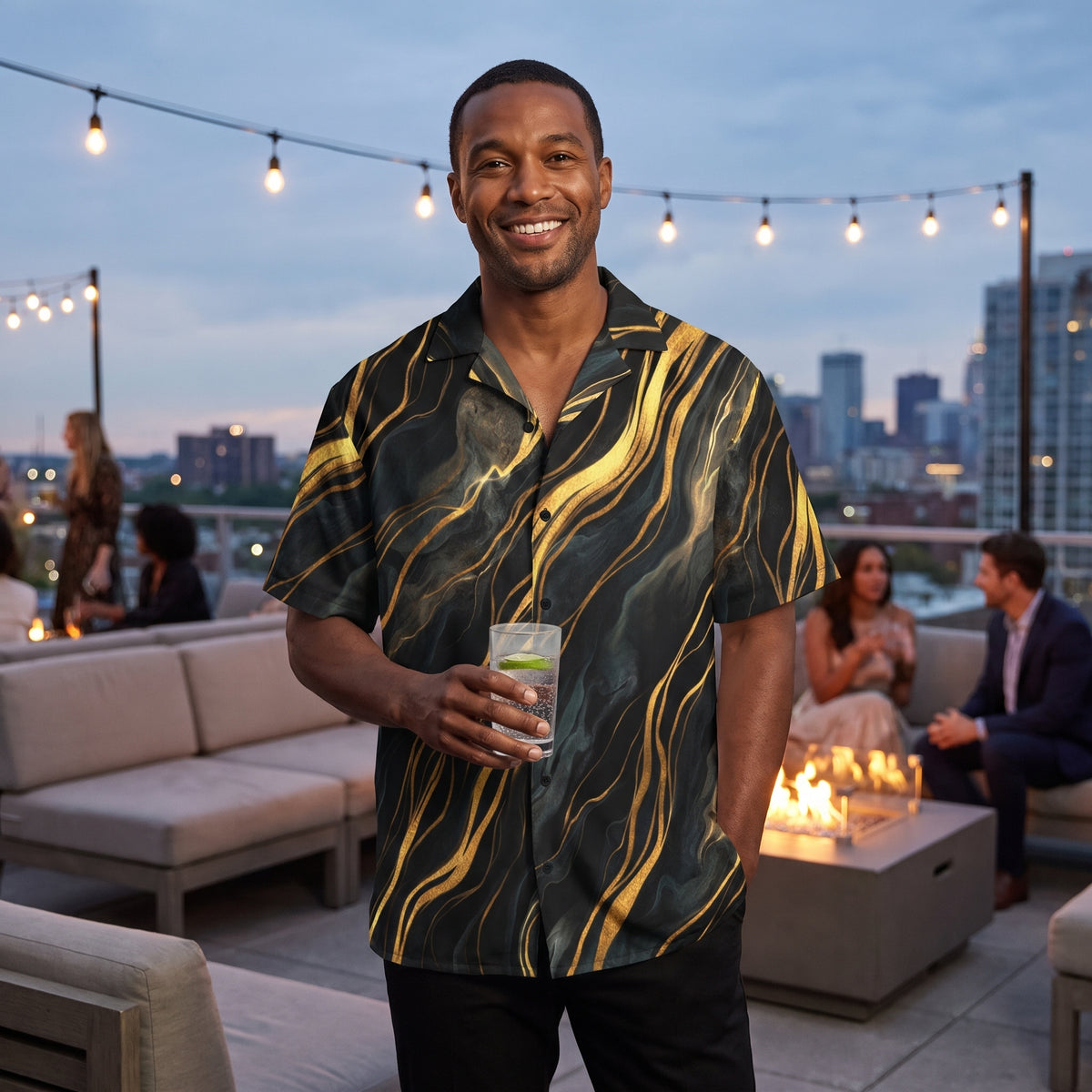 Black and gold button-up shirt worn at a rooftop social