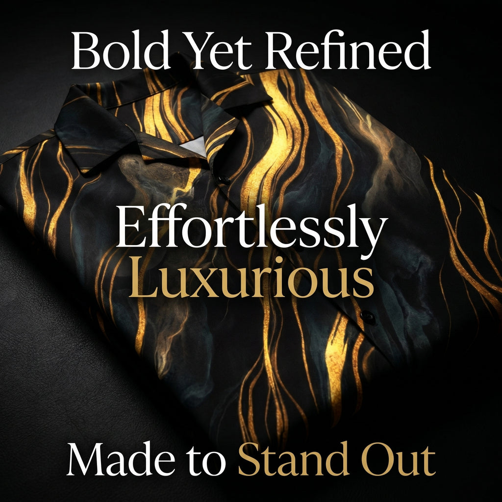 Obsidian Mirage Flow banner: bold yet refined black and gold shirt