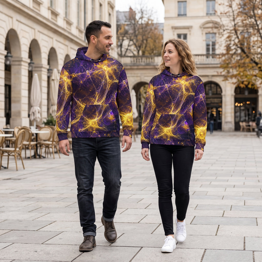A man and a woman walking side by side on a city street, wearing matching hoodies with a vibrant purple and yellow cosmic nebula print.