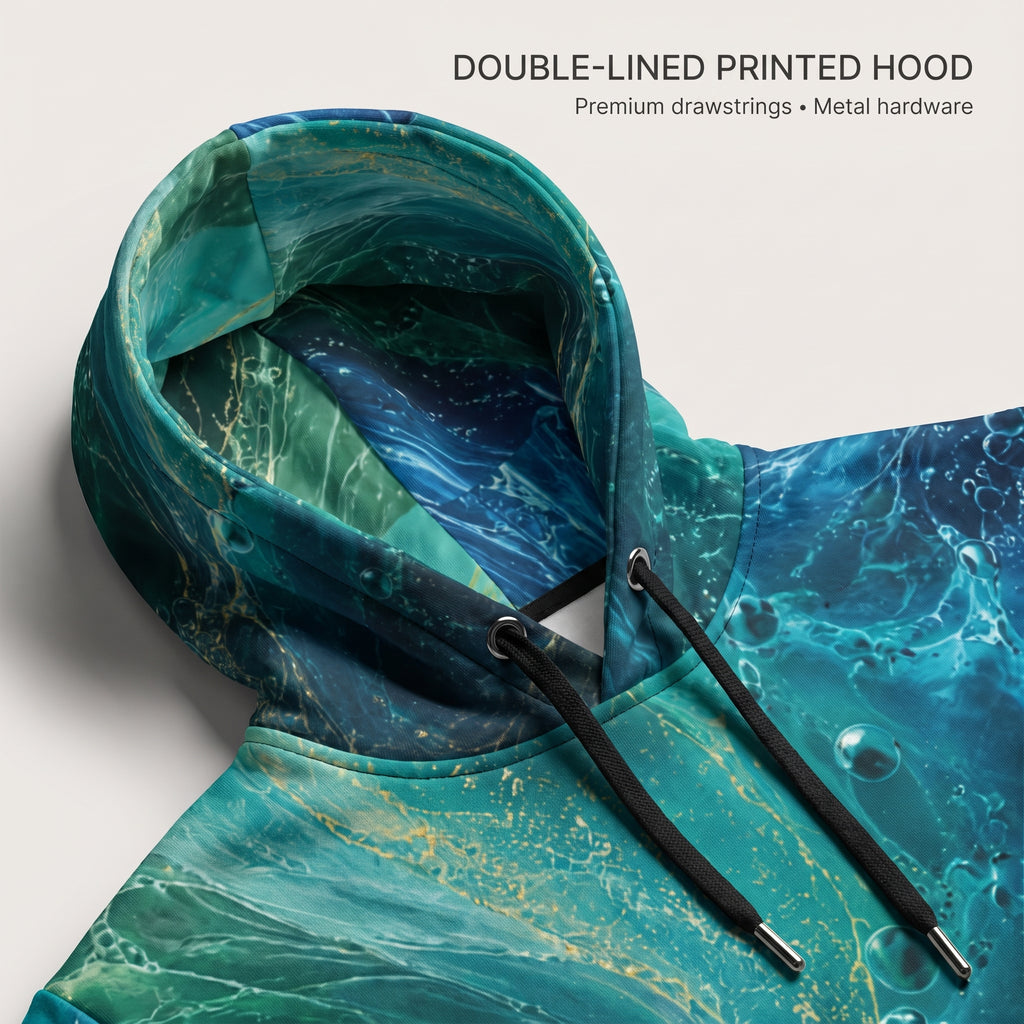 A close-up of a hooded sweatshirt with a teal, blue, and green marble-like print and black drawstrings, shown on a light neutral background with text reading 'DOUBLE-LINED PRINTED HOOD' and 'Premium drawstrings • Metal hardware'.