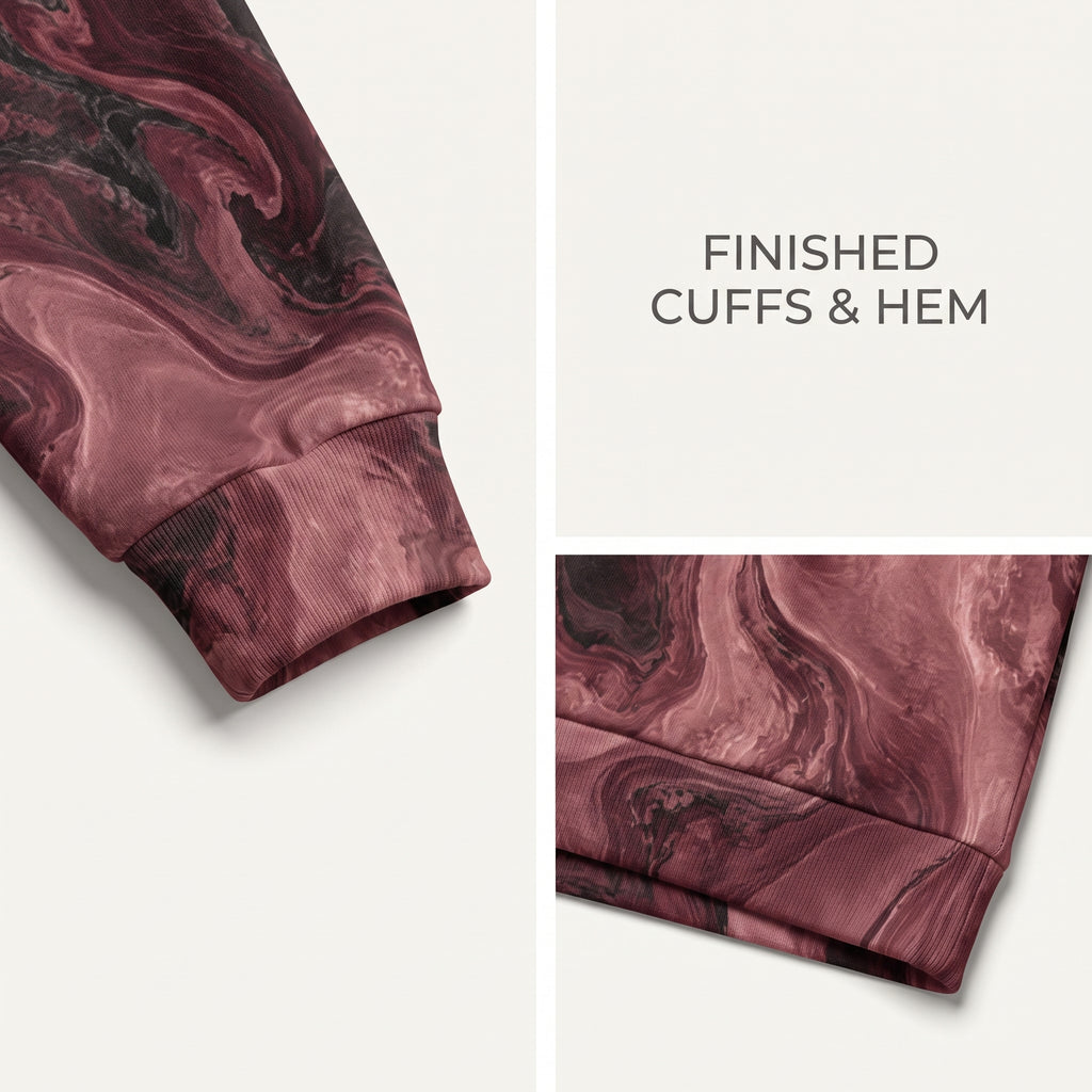 Close-up of the Burgundy Eclipse sweatshirt cuff and waistband