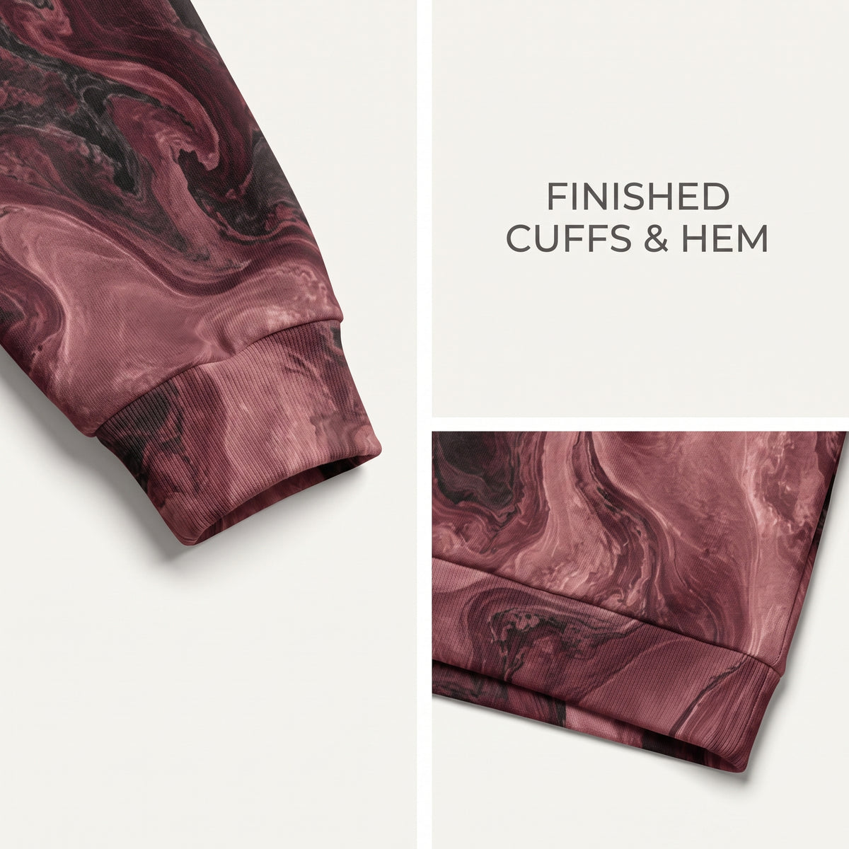 Close-up of the Burgundy Eclipse sweatshirt cuff and waistband