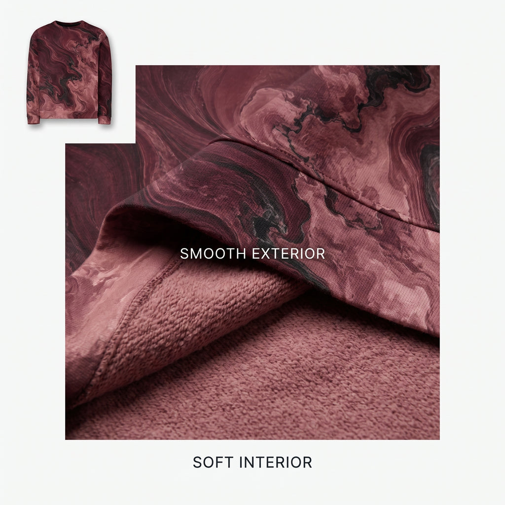 Close-up of the Burgundy Eclipse sweatshirt burgundy print and fabric