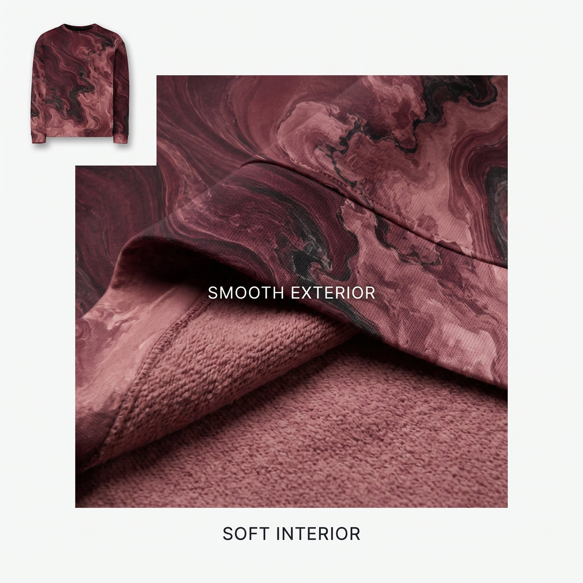 Close-up of the Burgundy Eclipse sweatshirt burgundy print and fabric