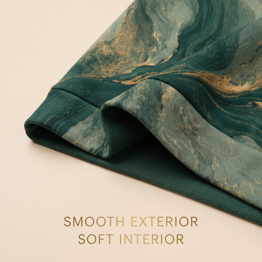Close-up of the Emerald Current sweatshirt green and gold print and fabric