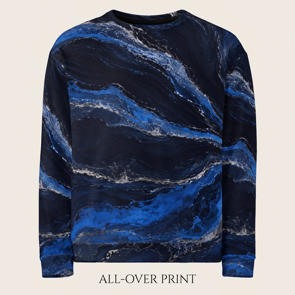 A crewneck sweatshirt with an all-over marble print in shades of navy, royal blue, and white, shown against a light beige background with the text 'ALL-OVER PRINT' below.