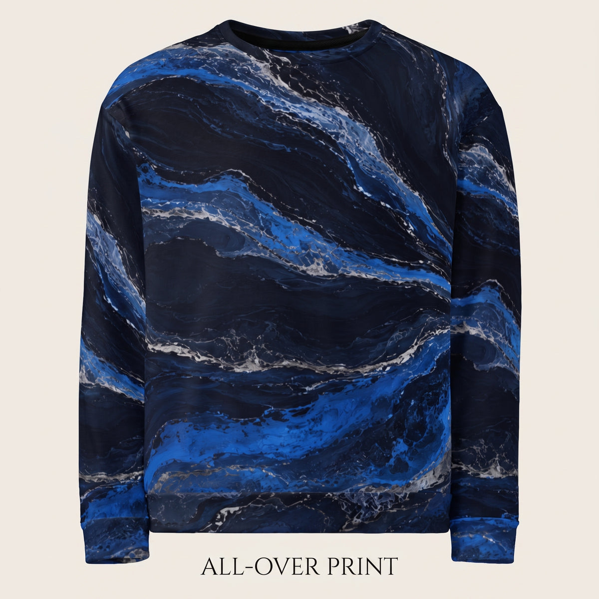 A crewneck sweatshirt with an all-over marble print in shades of navy, royal blue, and white, shown against a light beige background with the text 'ALL-OVER PRINT' below.