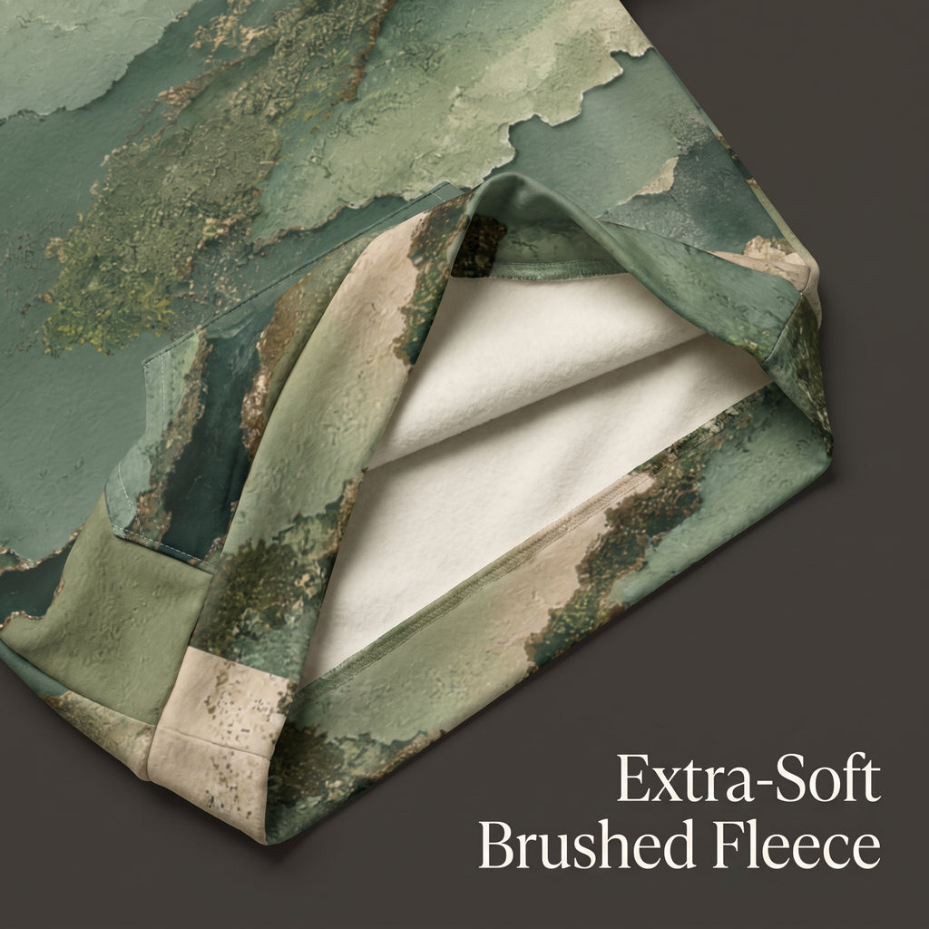 Close-up of the Verdant Terrain hoodie sage and olive print and fabric