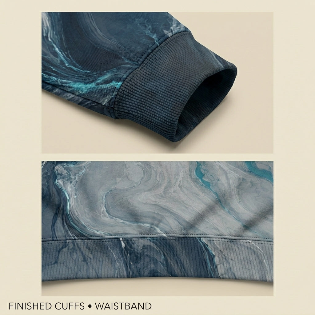Close-up of the Tidal Convergence sweatshirt cuff and waistband