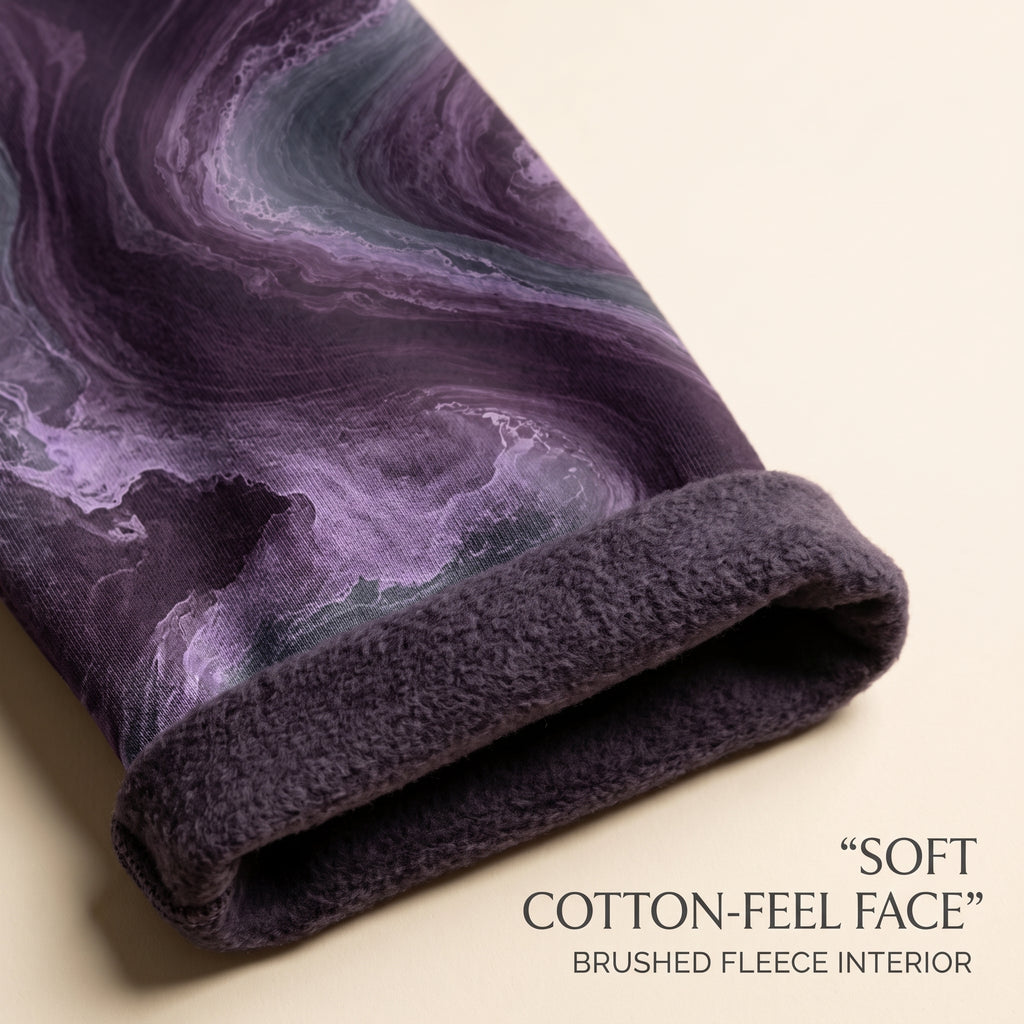Close-up of the Amethyst Vortex sweatshirt amethyst purple print and fabric