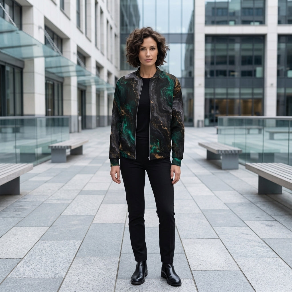 Woman wearing the Emerald Obsidian bomber jacket, black and emerald print