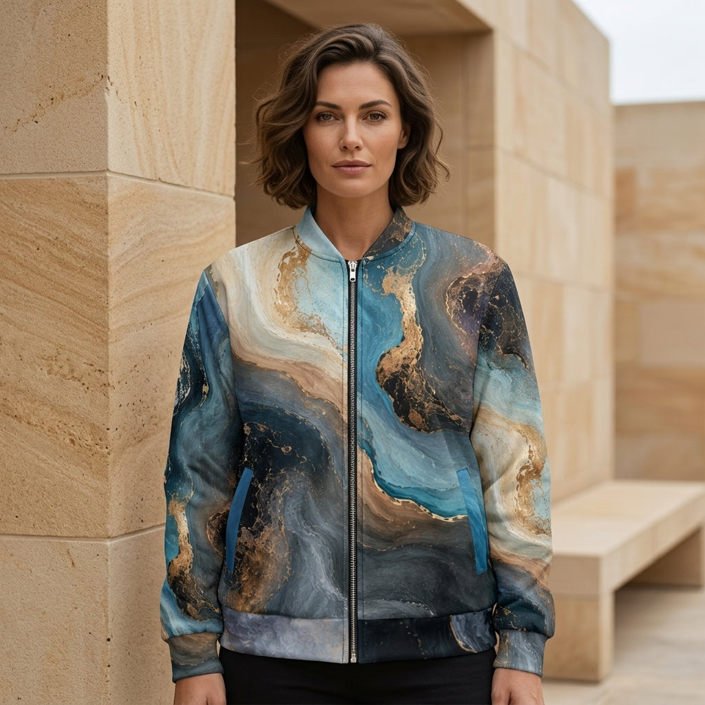 Woman wearing the Oceanic Alchemy bomber jacket, navy and turquoise print