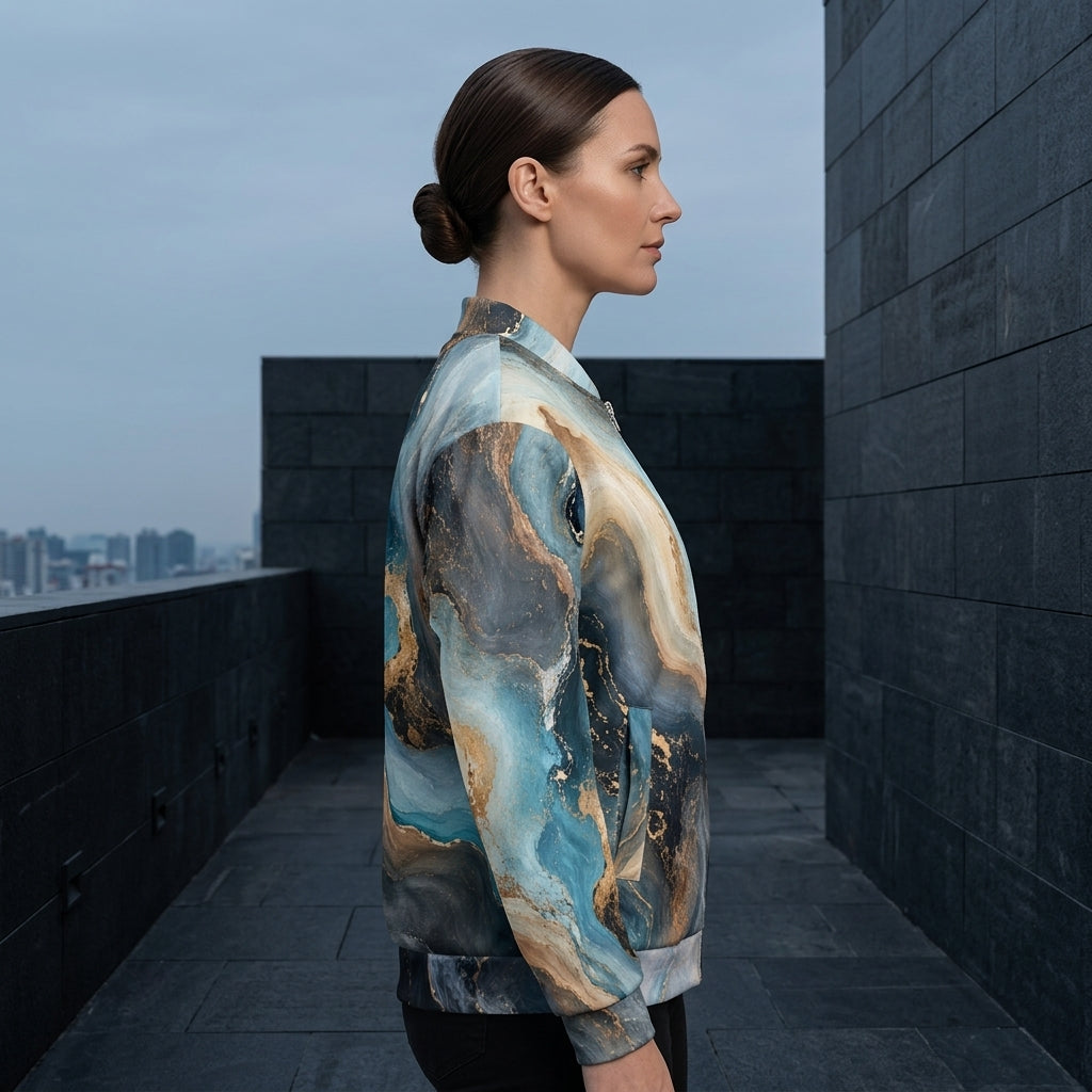 Woman wearing the Oceanic Alchemy bomber jacket – navy, turquoise and ivory marble print
