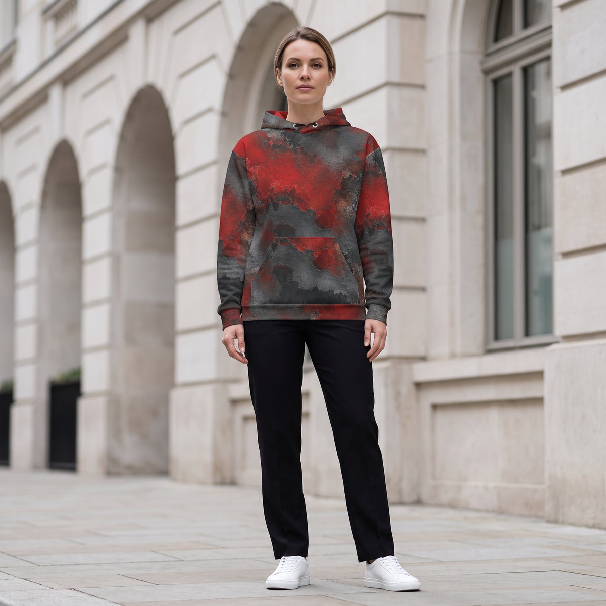 Woman wearing the Red & Black Abstract hoodie – red, charcoal and black distressed print