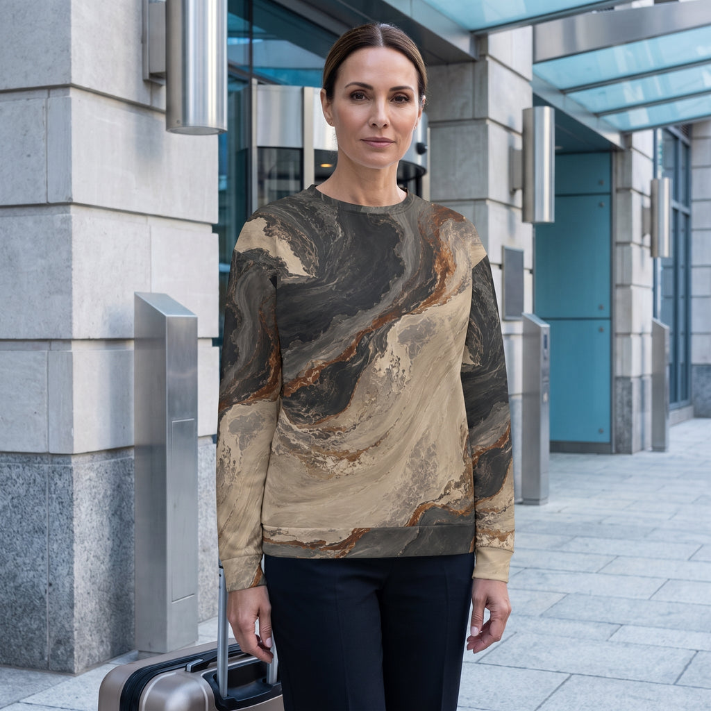 A woman wearing a long-sleeve crewneck sweatshirt with a brown, beige, and gray marble swirl pattern, standing outdoors in front of a modern stone building.