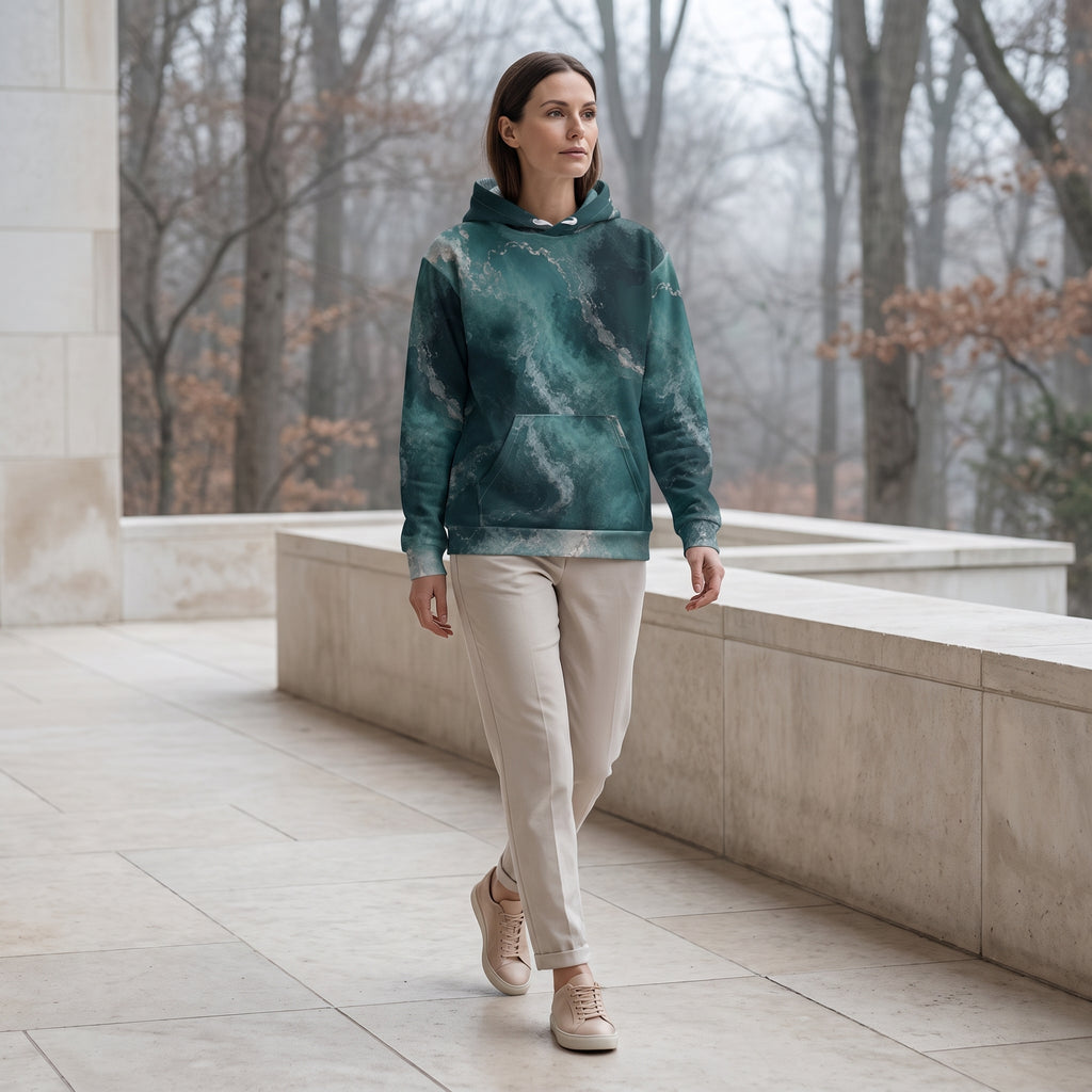 Woman modelling the Abyssal Current teal hoodie