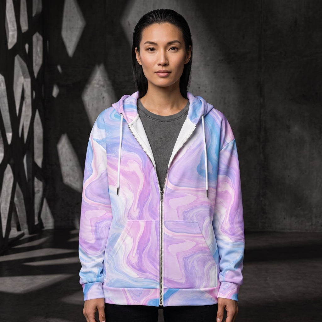 Woman wearing the Pastel Mirage all-over print zip hoodie