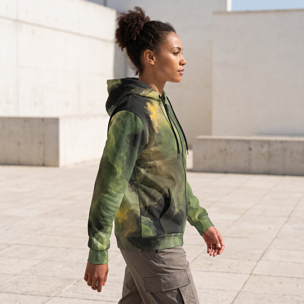 Woman walking in the Verdant Shadow zip hoodie, olive and charcoal print