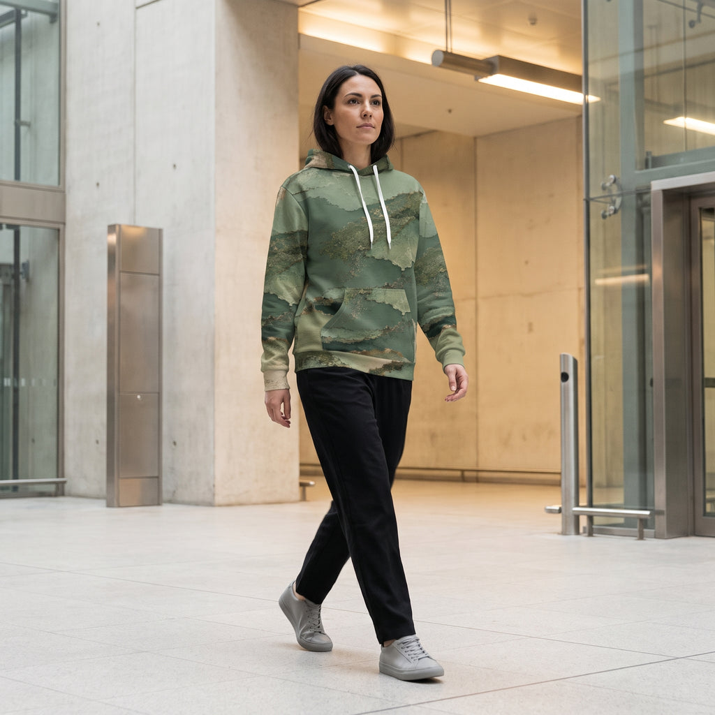 Woman walking in the Verdant Terrain all-over print hoodie at a train station