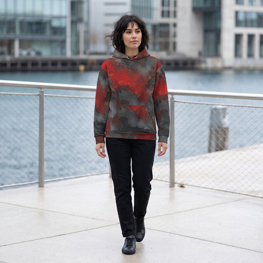 Woman walking in the Red & Black Abstract hoodie in the city – red, charcoal and black distressed print